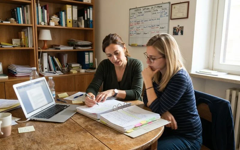 Two professionals reviewing shared treatment notes together at a table, calm collaborative atmosphere, natural daylight