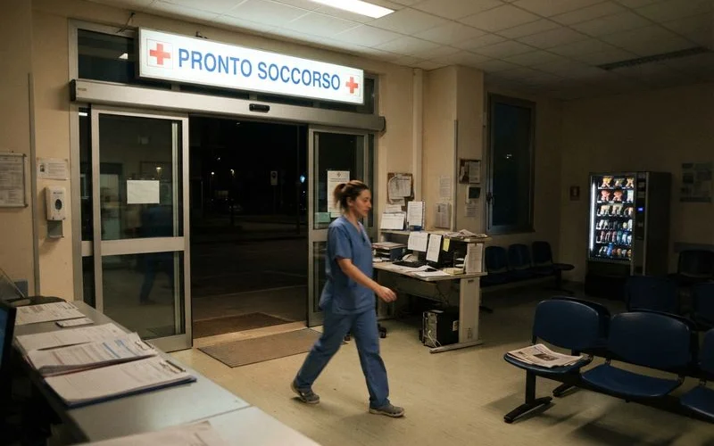 Hospital emergency department entrance at dusk with soft lighting, calm and orderly exterior, no people visible