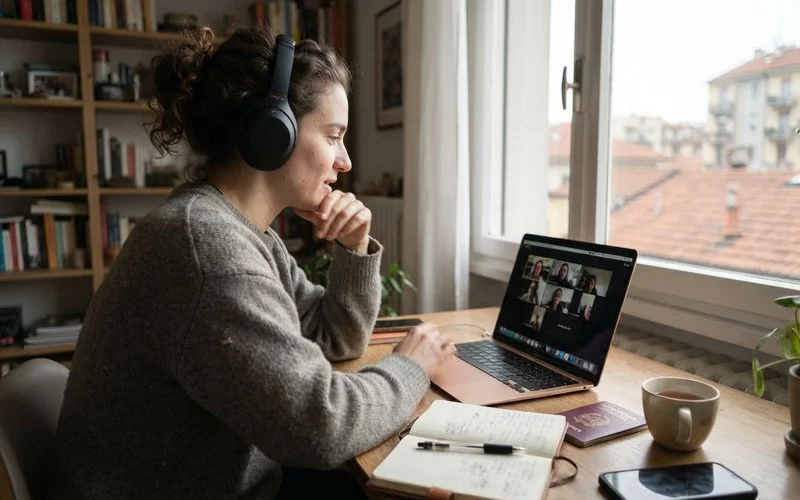 Person video calling from a bright apartment with Milan rooftops visible through the window, laptop open, calm setting