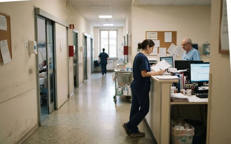 Hospital corridor with soft daylight through tall windows, calm and orderly institutional setting, no people visible