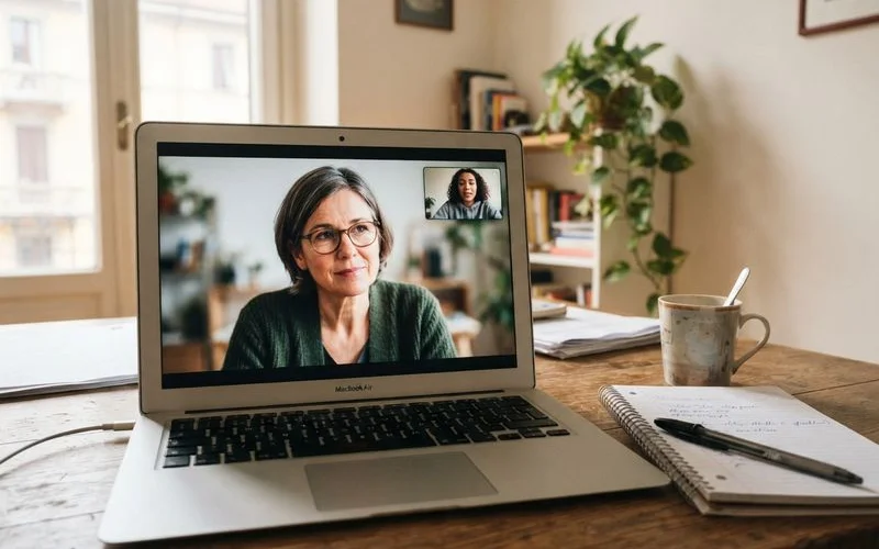 Person having a video consultation with a psychiatrist on a laptop at home, calm private room, soft daylight, no faces visible for privacy