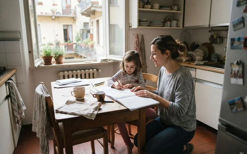 Parent and school-age child sitting together at a kitchen table having a calm conversation, warm indoor lighting, natural candid moment