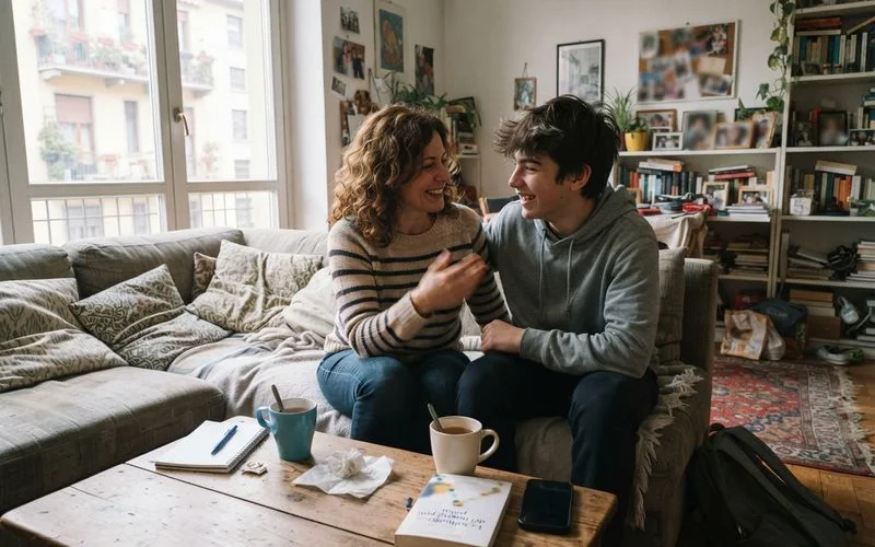 Parent and teenager sitting on a couch having an open conversation, relaxed body language, warm evening indoor light