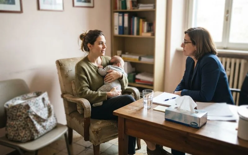 New parent sitting quietly with a sleeping baby in a softly lit room, calm and tender atmosphere, natural light