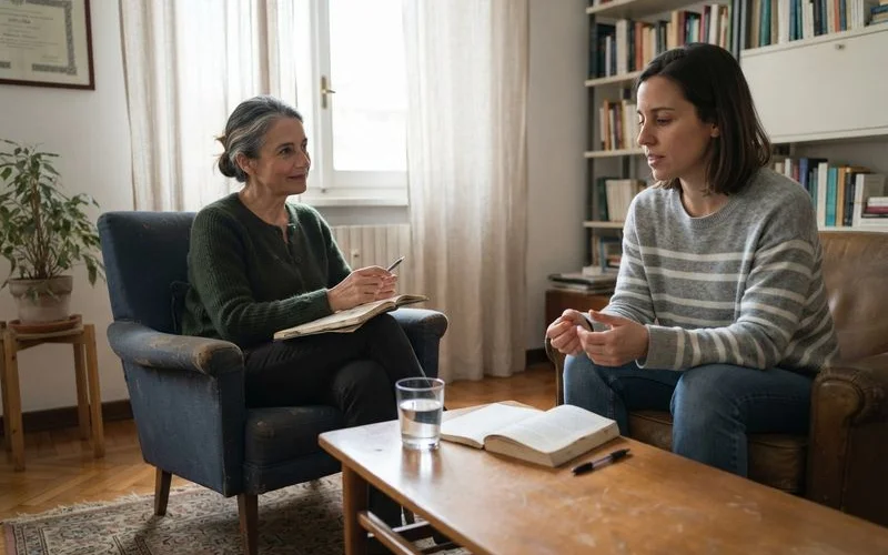 Psychiatrist and patient sitting across a desk in a calm consultation room, notebook open, warm natural daylight through a window