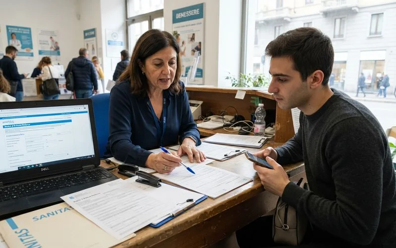 Person reviewing a health insurance policy document at a table with a laptop and coffee cup, soft natural light