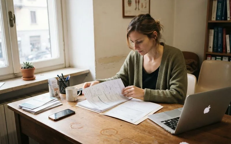 Person reviewing a printed medical record document at a desk, calm and private setting, natural window light