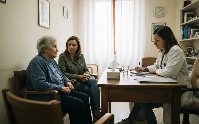 Adult child sitting beside an older parent on a sofa, both looking at a tablet together, warm indoor lighting, calm domestic setting